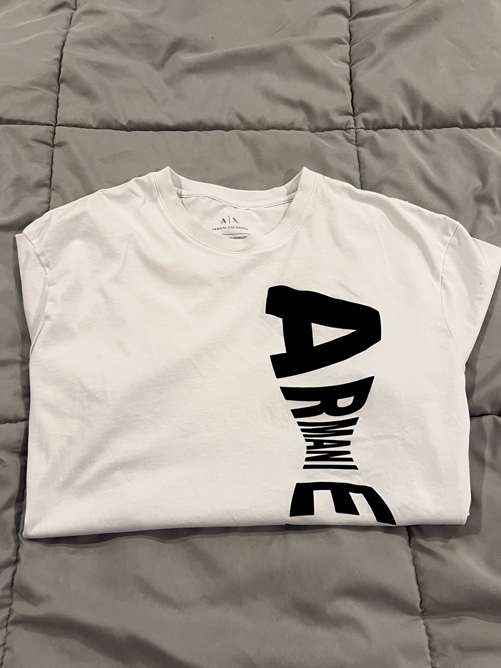 Armani Exchange Men's White Tee with Vertical Black Logo XL